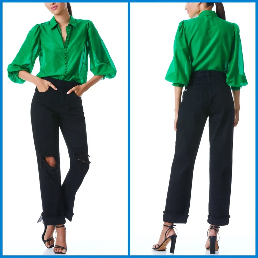 Alice + Olivia Joey Emerald Green Button Front Silk Blend Smocked Blouse - Picture 5 of 15